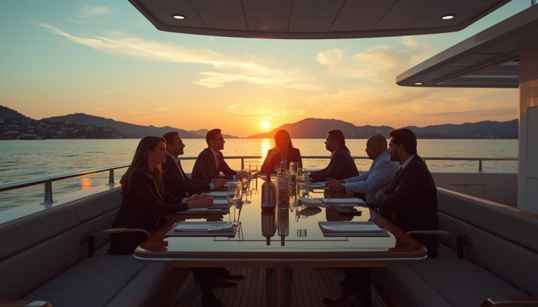 lucid-origin_business_professionals_yacht_meeting_sunset_luxury_16_9-6