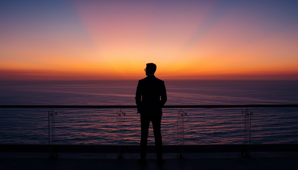 lucid-origin_man_standing_balcony_ocean_horizon_sunrise_suit-5