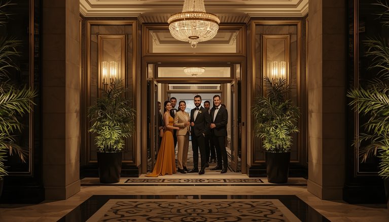 lucid-origin_elegant_group_entering_luxury_hotel_evening_16_9-0