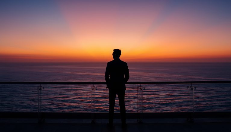 lucid-origin_man_standing_balcony_ocean_horizon_sunrise_suit-5