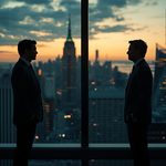 lucid-origin_two_executives_conversation_window_skyline_sunset_16_9-0